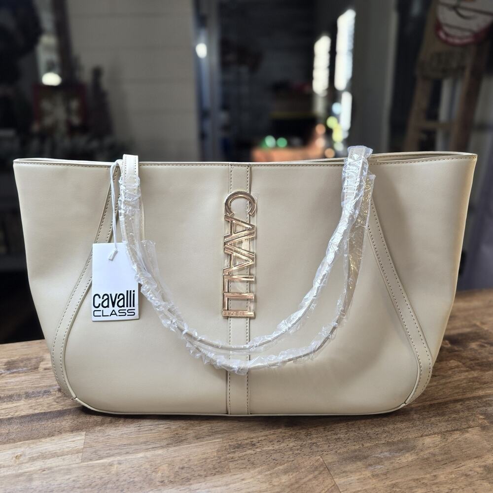 Cavalli Class Sandra Tote Bag Beige Almond Shopper Handbag‎ NWT